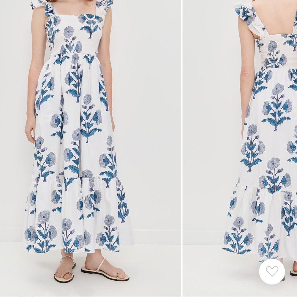 Smocked Square-Neck White Maxi Dress with Blue Floral Print - Picture 3 of 10